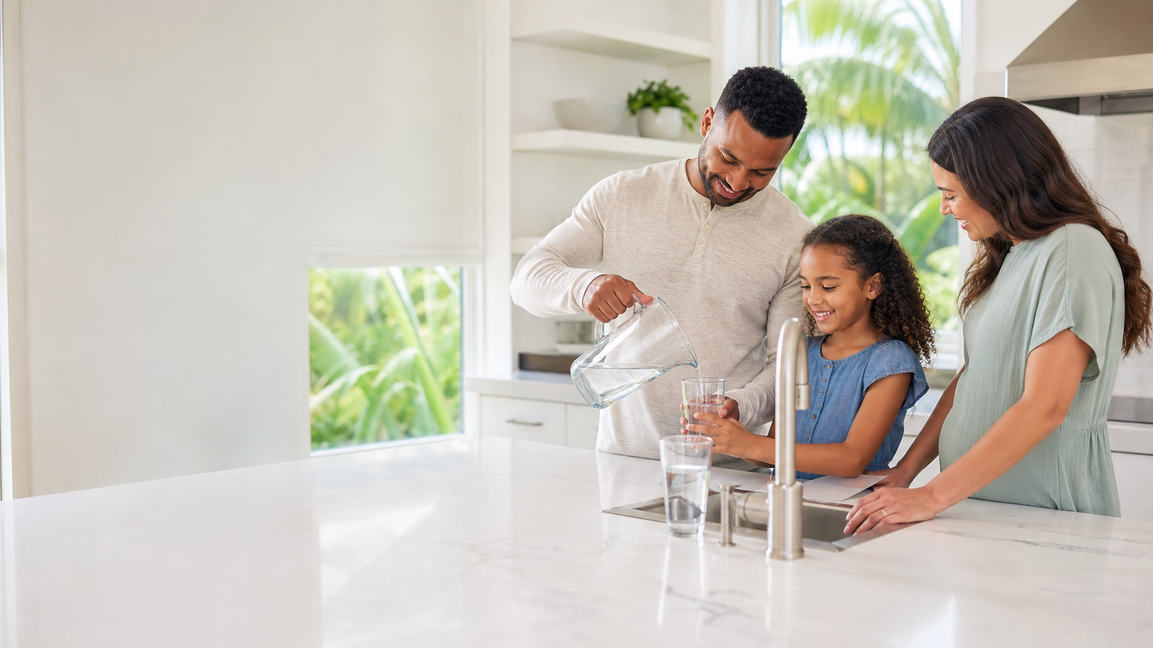 Florida family enjoying clean filtered water in their kitchen