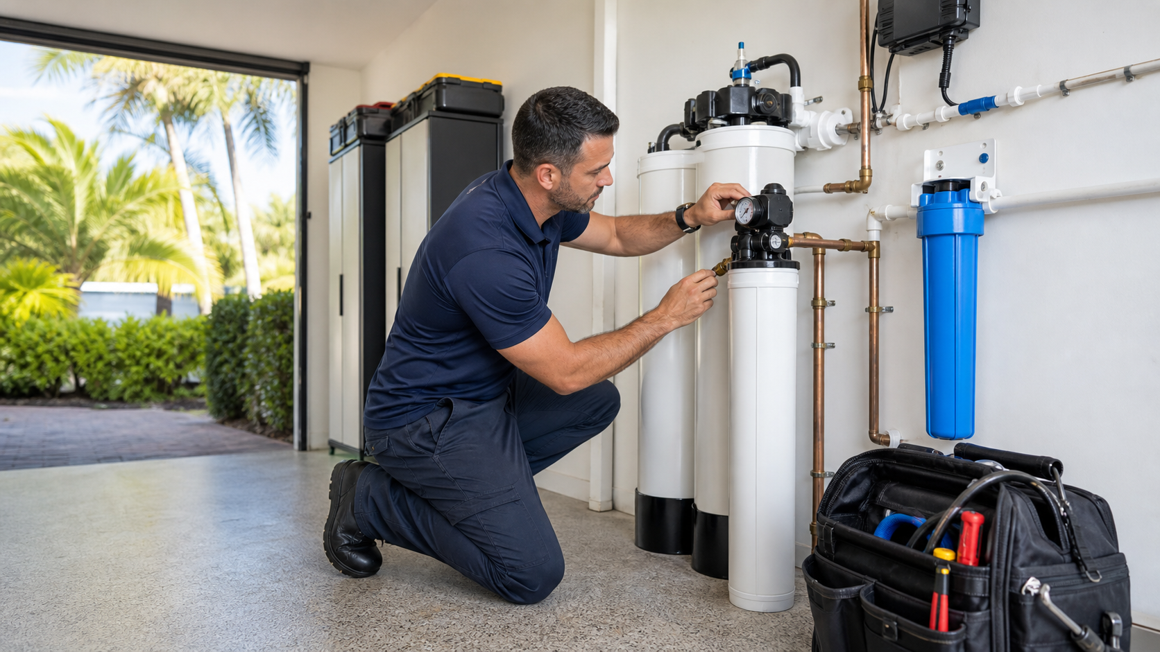 Licensed Tru Water Co. technician servicing a whole-home filtration system